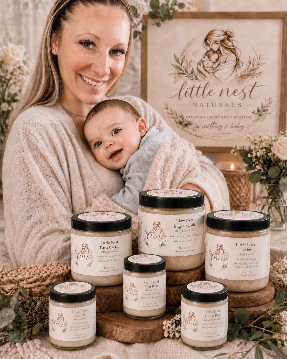 Lindsay DeCarlo with baby and Little Nest Naturals product collection