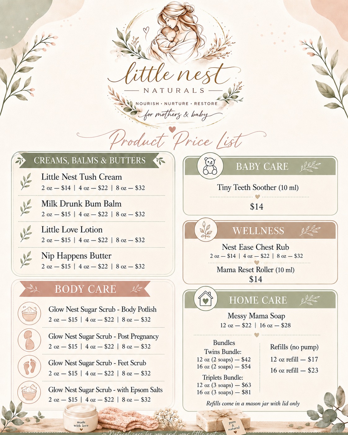 Little Nest Naturals product price list
